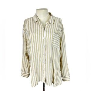 J Jill Love Linen Large Petite button front top Tan stripe classic coastal